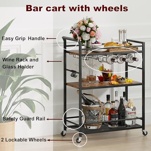 Image of 3 Tier Bar Cart, Small Beverage Cart, Mini Bar Cart with Wine Rack, Home Bar Serving Cart with Wheels for Kitchen Dining Living Room (Rustic Brown, General) GBC507R