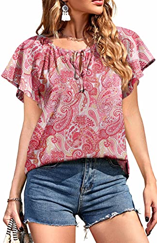 Neineiwu Women's Summer Boho Floral Print Short Sleeve Drawstring Vacation Casual Chiffon Blouse Top (Large Yh Paisley/Red) #TOP1