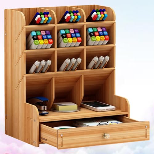 Boîte de rangement en bois à compartiments multiples pour stylos de bureau - 6