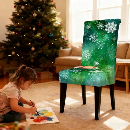 Image of Nuxovilar 2PCS Green Snowflake Stretch Chair Covers 23.6x70in | Holiday Slipcover Festive Protector Snowflake Wrap Seat Guard Dining Room Family Kitchen Dinner (Green Snowflake)