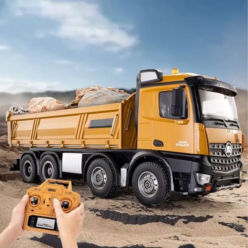 XMFHANG 1:14 Scale RC Dump Truck, 4WD 2.4Ghz RC Truck with Trailer, 12CH RC Construction Vehicle with Light and Sound, Four-Wheel Steering, RC Toy Car for Boy Girl Birthday Gift,