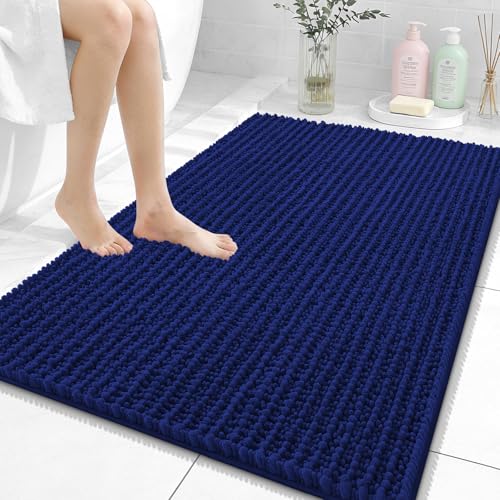 Image of OLANLY Bathroom Rug Mat 40x32, Thick Soft and Absorbent Chenille Bath Mat, Non-Slip Rubber Backing, Machine Washable Quick Dry Bath Rugs for Tub Shower Floor, Home Decor Accessories, Navy Blue