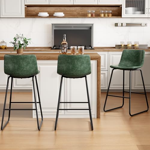 Image of REONEY Bar Stools Set of 2, 26 inch Urban Faux Leather Counter Stools, Green