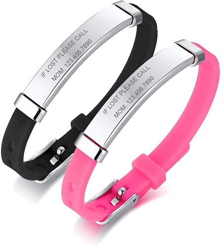 Pulseras de identificación de seguridad para niños, de silicona suave, de acero inoxidable, con grabado gratuito, de varios colores, ajustables,