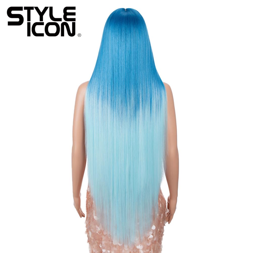 Style Icon 38" Super Long Straight Wigs 6" Deeper Middle Part Lace Lace Front Wigs Ombre Blue Color Synthetic Wig (38", GT BLUE/BLUE5)
