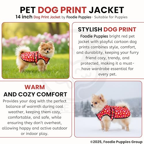 Image of Foodie Puppies Dog Winter Jacket - (Dog Printed, 14 Inch) for Small Dogs & Puppies | Ultra Warm Waterproof & Windproof Coat | Adjustable Velcro Closure, Washable Vest for Cold Weather