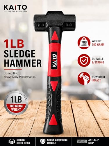 Image of KAITO Sledge Hammer with Fiber Handle | Heavy Duty Forged Steel Head | Anti-Slip Shockproof Grip | Professional Hammer for Construction, Demolition & Carpentry Work (1, 1 LB) 700 Grm | Red & Black