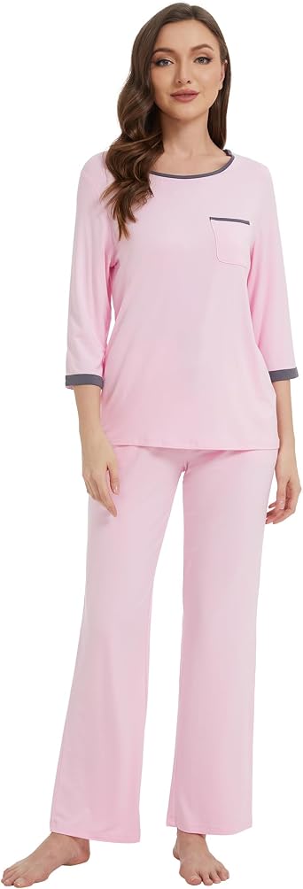 WiWi Viscose from Bamboo Womens Pajamas Set Super Soft 3/4 Sleeve Tops and Pants Sleepwear Cooling Pjs with Pockets S-XXL