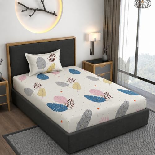 Image of Vaini Premium Heavy Cotton Elastic Fitted Bedsheets with 1 King Size Pillow Covers || Single Bed with All Around Elastic 350 TC || 36 x 78 x 6 Inch Single Size Fitted || :- Colorfull Wings