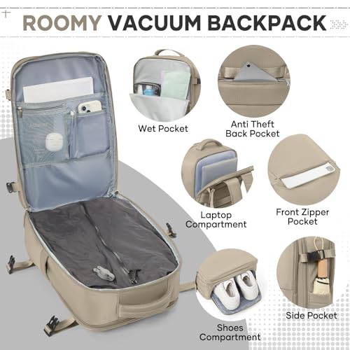 Image of Vacuum Travel Backpack with Pump for Women Men, Carry on Air Backpack for Flight Approved, Personal Item Luggage Backpacks Tiktok Backpacks - Coffee
