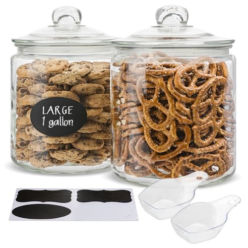 KooK Glass Kitchen Jars, Food & Cookie Storage Containers for Pantry, Bathroom Apothecary Canisters, Airtight Lids, Dishwasher Safe, with Chalk and Labels, 1 Gallon, Set of 2