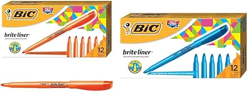 BIC Brite Liner - Resaltador de punta de cincel, color naranja, 12 unidades (paquete de 1) y resaltador Brite Liner, punta de cincel, tinta azul BIC Brite Liner - Resaltador de punta de cincel, color naranja, 12 unidades (paquete de 1) y resaltador Brite Liner, punta de cincel, tinta azul
