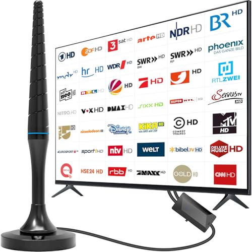 DVBT2 Antenne, DVB-T2 Innenantenne mit Verstärker, HDTV Zimmerantenne für Fernseher, 420 km Großer Reichweite und 360° Empfang, Starkem Magnetfuß, Geeignet für 4K 1080p & Alle TV