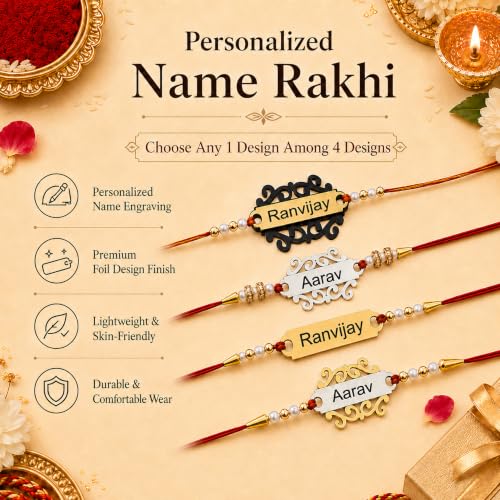 Image of SAVRI Personalized Laser Foil Rakhi With Name engraved on it. Best gift for Brother on Rakshabandhan, latest and trendy Rakhi for Bhai on Bhai dooj | Name waali Rakhi. Selet any one design only.