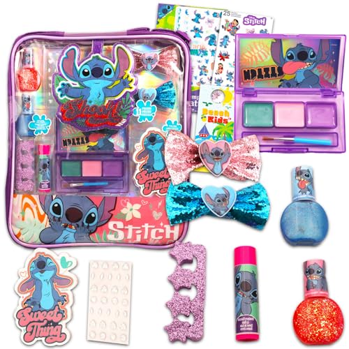 Bolsa de cosméticos Stitch para meninas – Conjunto de suprimentos de maquiagem Stitch com bolsa de ombro para meninas, protetor labial, grampos de cabelo, brilho labial, mais adesivos, tatuagens |