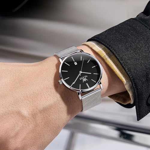 Image of OLEVS Men Leather Watches Black Ultra Thin 6.5mm Minimalist Dress Fashion Simple Casual Waterproof Date Watch for Men