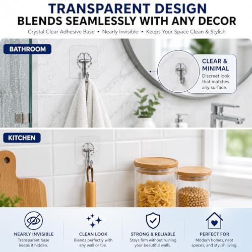 Image of Bindian Self Adhesive Wall Hooks - 25 Pcs Heavy Duty Wall Hooks for Hanging | Nail Free Sticky Hooks for Heavy Items Without Drilling, Transparent Hanger for Wall Hook (25, White)