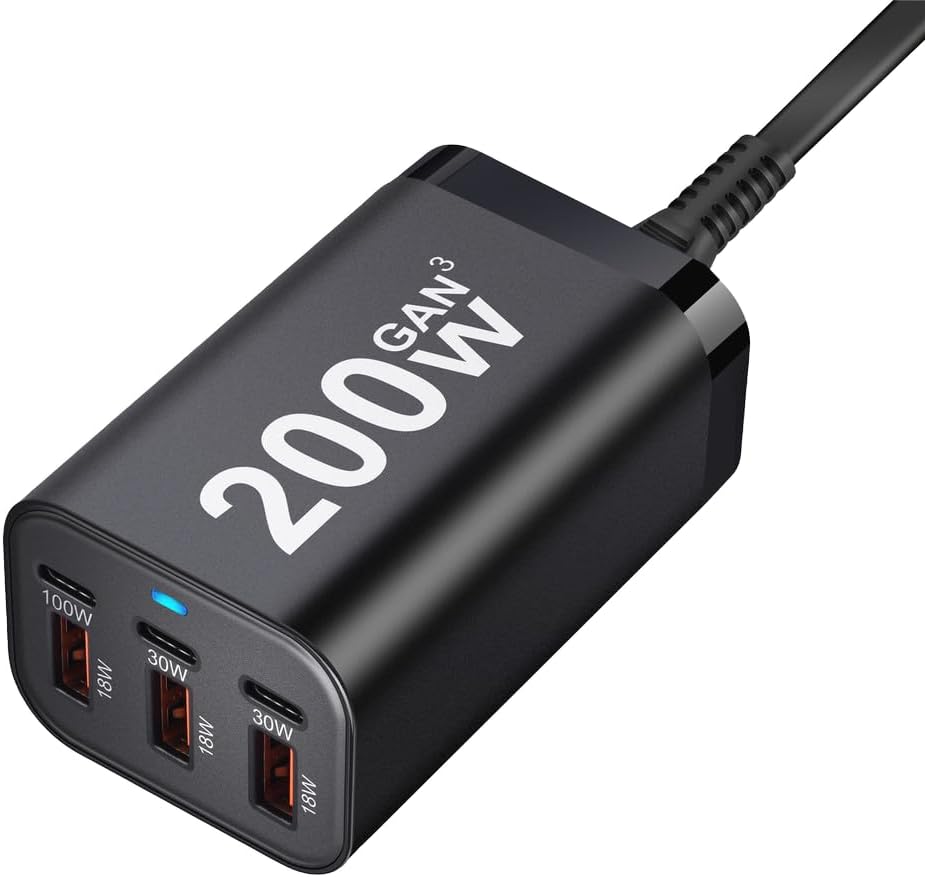 200W GaN Charging Station, 6-Port Desktop Charger with 3 USB-C & 3 USB-A Ports, Multi Device Charging Hub for Laptops, Smartphones, Tablets, Wearables & USB Powered Electronics