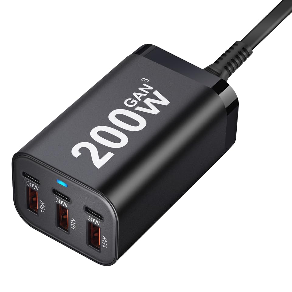 Image of CUBONIC 200W GaN Charging Station, 6-Port Desktop Charger with 3 USB-C & 3 USB-A Ports, Multi Device Charging Hub for Laptops, Smartphones, Tablets, Wearables & USB Powered Electronics