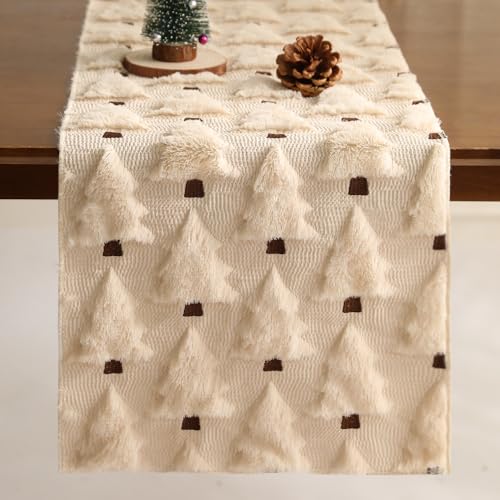 WKJZH Christmas Tbale Runner 13x90 Inch Soft Plush Faux Fur Jacquard Beige Christmas Tree Table Runner, Seasonal Autumn Kitchen Dining Table Decoration for Home Party Decor ZR001A90