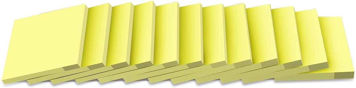 (12 Pads) Sticky Notes 3x3 in Yellow, Strong Adhesive, Clean Removal, Recyclable, Self-Stick Pads, Easy to Post for Home, Office, Notebook
