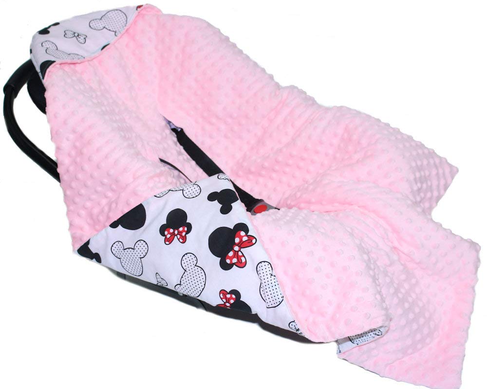 Baby Einschlagdecke Minky MÄUSCHEN mit Kapuze 90x90 cm Babyschale Decke (Mit ROSA)