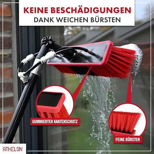 ATHELON® Teleskop Waschbürste zur Solar- & Fensterreinigung [ausziehbar bis 4,6 Meter] - Fensterputzer-Set mit Teleskopstange & Wasseranschluss [für Fenster, Photovoltaik, Wintergarten & Co.]