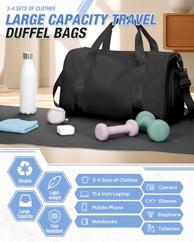 Gym Duffle Bag for Women Carry on Luggage Travel Essentials Airline Approved Personal Item 18x14x8 Inches Lightweight Weekender Sports Travel Duffel Bag with Shoe Compartment Wet Pocket Men Black4