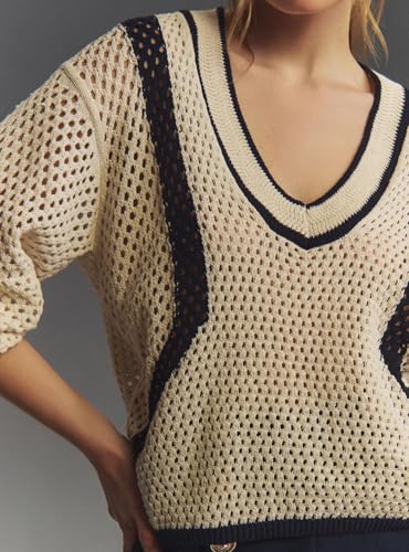 Image of Ladyful Women's Crochet Tops Deep V Neck Long Sleeve Lightweight Knit Pullover Cover Up Hollow Out Blouse