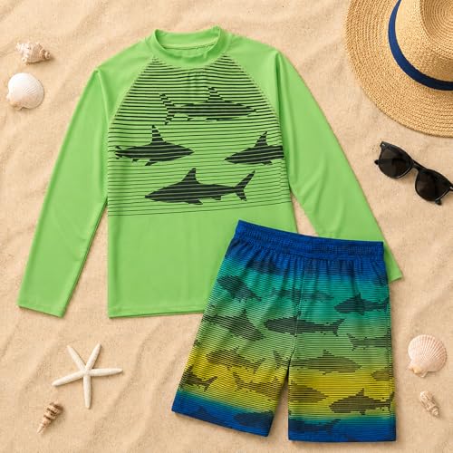Image of Big Chill Boys Rash Guard Set - 2 Piece UPF 50+ Boys Swim Trunks & Long Sleeve Boy Swim Shirt Youth Bathing Suit Swimwear Set