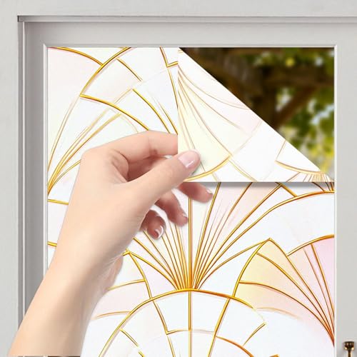 Image of Nuxovilar Frosted Gold Pink Fan Pattern Window Film 17.7x39.4 PVC | Geometric Fan, Gold Cling vintage pattern sticker, luxury glass wrap for living room bedroom office (Geometric Fan)