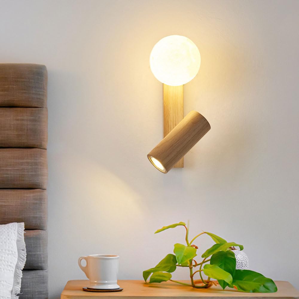 Aplique de Pared nórdico de Madera con Globo, Soporte Ajustable, luz de Lectura, Apliques de mesilla de Noche, luminaria Moderna de Madera para Dormitorio y Sala de Estar.