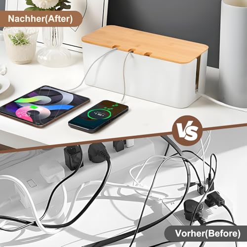 HOMIKLSA 3 Stück kabelbox Weiß,Kabelmanagement box für Kabel mit Bambusdeckel,Kabel Organizer zum Verstecken von Kabeln Organisieren von Computerverkabelung und Losen Kabeln