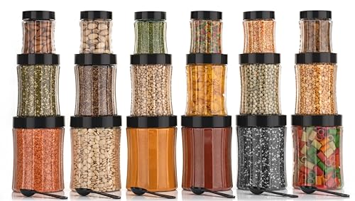 Image of Black Olive Storage Organizer Container Set - Transparent Jar Set for Kitchen with Lids & Spoons, 1200ml, 650ml, 350ml & 250ml Dabba Box for Spices, Snacks, Grocery & Dry Fruits (Black, 12pc)