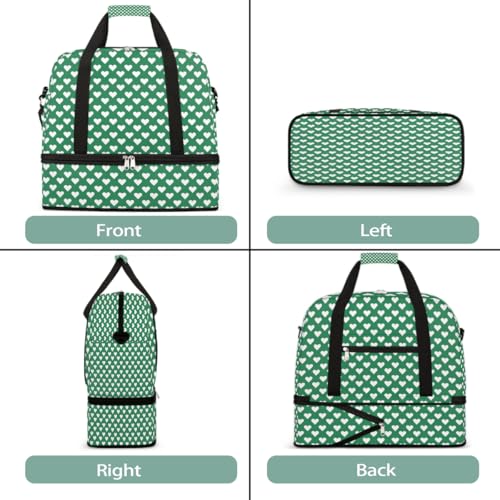 Sports Gym Bag Green Heart Dots Large Travel Duffel Bag With Shoe Compartment Foldable Waterproof Carry-On Weekend Travel Bags for Camping Overnight Yoga Hospital Travel Bags3