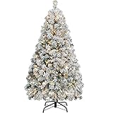 Yaheetech 4.5ft Pre-lit Artificial Christmas Tree with Incandescent Warm White Lights, Snow Flocked Full Prelighted Xmas Tree W/340 Branch Tips, 150 Incandescent Lights & Foldable Stand, Green & White