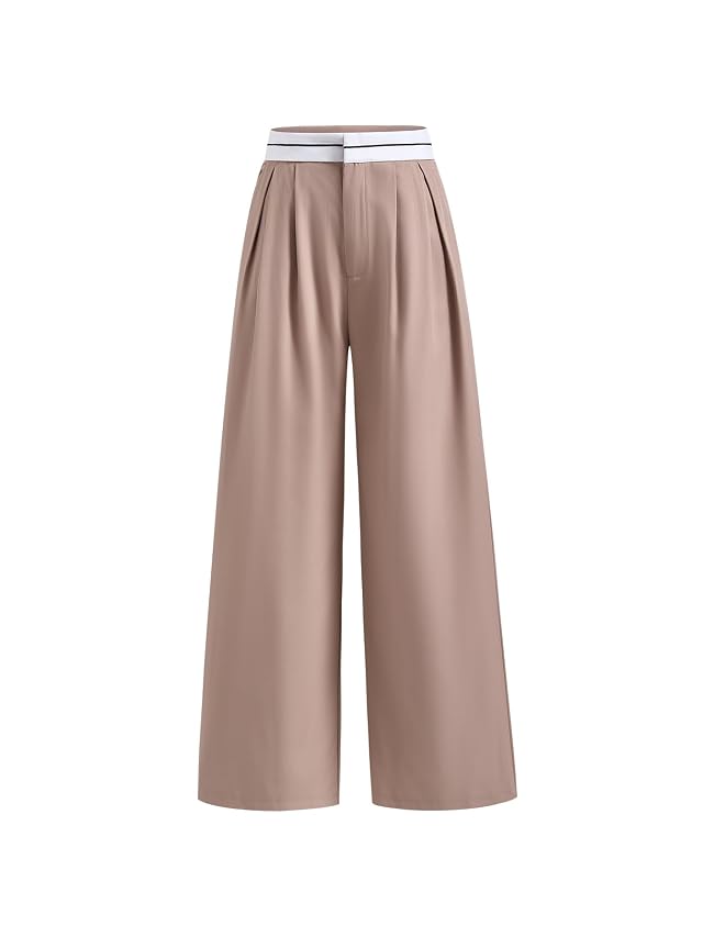 Womens Wide Leg Color Block Pants High Waisted Work Office Flowy Trousers with Pockets