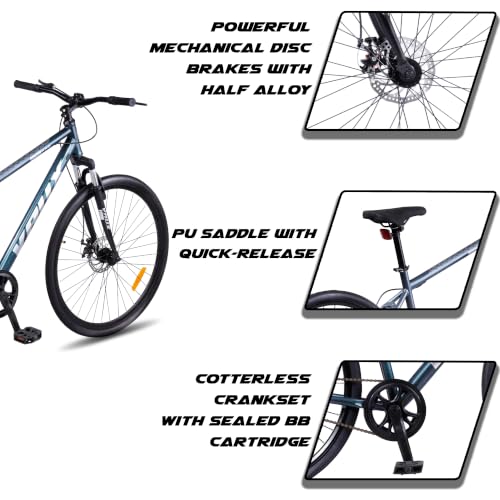 Image of Vaux City-Pro Single Speed Hybrid Cycle for Men with Dual Disc Brakes & Suspension Fork, 19 Inch Hi-Ten Steel Frame, 700x35C Tyres, Alloy Rims, City Bike(Grey-Blue, Single Speed, Suspension Fork)