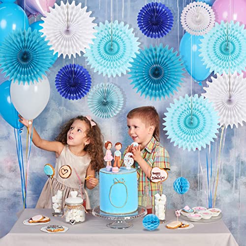 Sunbeauty Pack Of 15 Blue White Hanging Honeycomb Paper Fans Party Decoration Kit For Baby Boy Shower 1St Birthday Navy Ocean Wedding Under The Sea Theme Photo Booth Backdrops Paper Party Supplies #TOP3