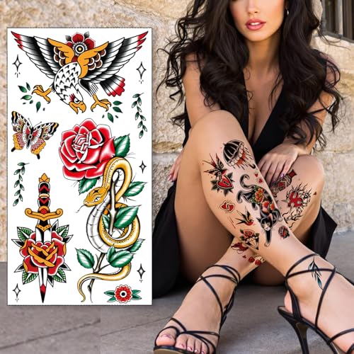 Tazimi Classic Temporary Tattoos for Adult, Waterproof Long-Lasting American Old School Fake Tattoos, Realistic Traditional Colorful Flower Animal Half Arm/DIY Free Splicing Tattoo Stickers