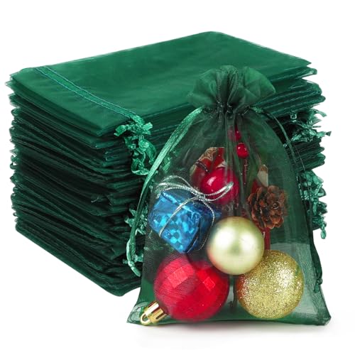 Image of HRX Package 100pcs Organza Bags Dark Green, 4x6 inch Small Christmas Gift Bags Mesh Candy Jewelry Pouches