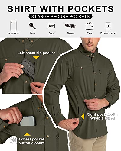 33,000Ft Men's Upf 50+ Uv Protection Long Sleeve Hiking Shirts Breathable Quick Dry Fishing Shirts For Safari, Outdoor Green #TOP1