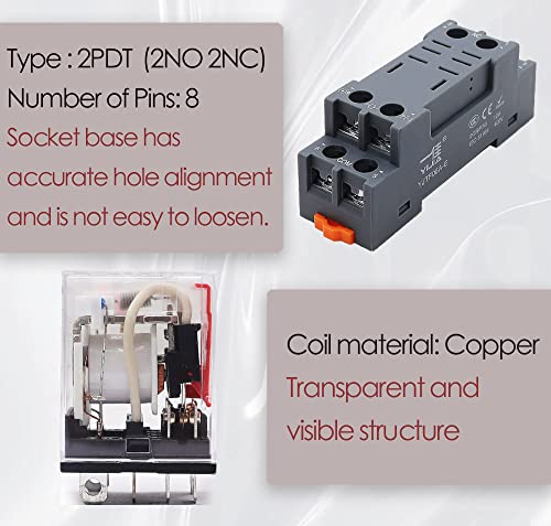 Yijia Electromagnetic Power Relay 6V Dc Relay Coil 8 Pins 10A 2Pdt 2No 2Nc With Led Indicator Light And Socket Base Yj2N-Ly-8Pin-6Vdc #TOP3
