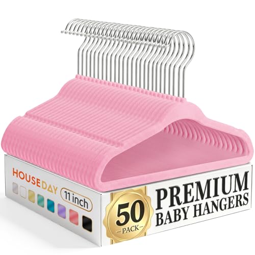 Image of HOUSE DAY 11 Inch Velvet Baby Hangers 50 Pack Lt-Pink, Premium Kids Hangers for Children, Infant & Toddler Clothes, Durable Non Slip Small Baby Felt Hanger for Closet, Ideal for Everyday Use