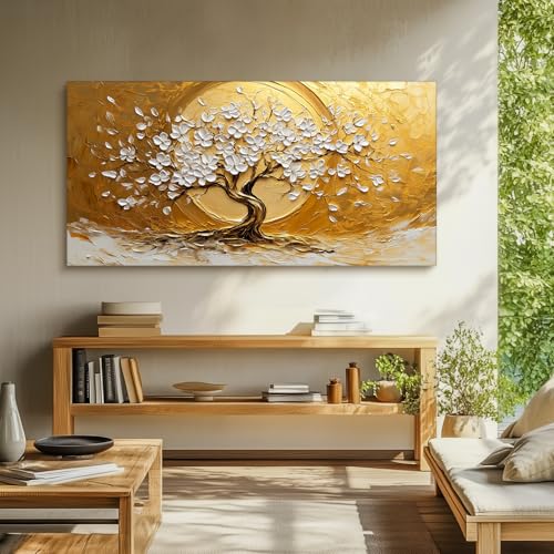 SERIMINO Gold Tree of Life Wall Art, Blossom Tree Extra Large Canvas Painting, Natural Landscape Abstract Artwork for Walls, Japanese Home Wall Decor Living Room Dining Room Office Art Prints 30"X60"