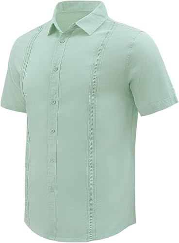 Miniatura 3 de Camisas de manga corta con botones de lino para hombre, camisas casuales de verano de algodón con cuello abierto para la playa