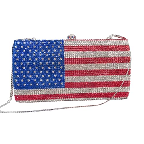 Image of National Flag Evening Clutch Rhinestone Purse for Women, USA Flag Crystal Shoulder Bag, Blue Red