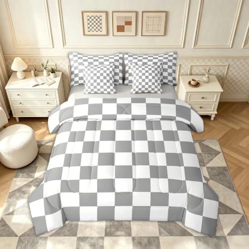 Image of Checkered Retro Comforter Set Full Size 7 Pieces Grey Plaid Bedding Set for Kids Boys Girls Geometric Vintage Bed in a Bag Modern Simple Groovy Aesthetic Bedroom Decor All Season Quilted Lightweight