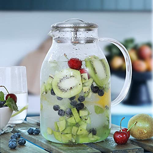 Hiware Glass Pitcher With Lid And Spout - 68 Oz Water Pitcher For Hot/Cold Water & Iced Tea, 18/8 Stainless Steel Lid, High Heat Resistance, 100% Lead-Free #TOP6