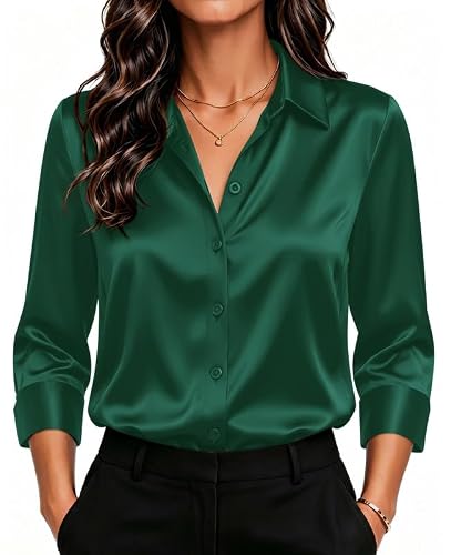 HOTOUCH Green Satin Blouse Womens 3/4 Sleeve Tops Silk Button Down Shirts